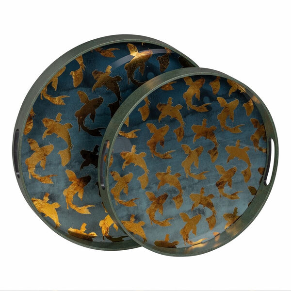 Tablett für Snacks in Blau und Gold aus PVC und Kristall mit Fischdesign (2 Stück)
